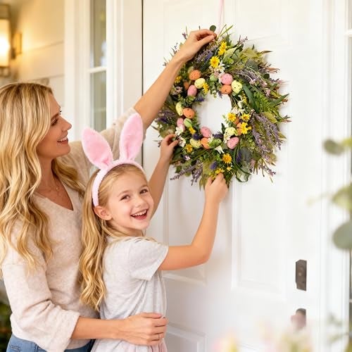 HipTree 24 Inch Farmhouse Easter Wreath for Front Door, Artificial Pastel Spring Wreaths with Easter Eggs,Lavender&Wildflowers,Handcrafted Wreath for Entryway Mantel Window Indoor Outdoor Decorations - Image 3