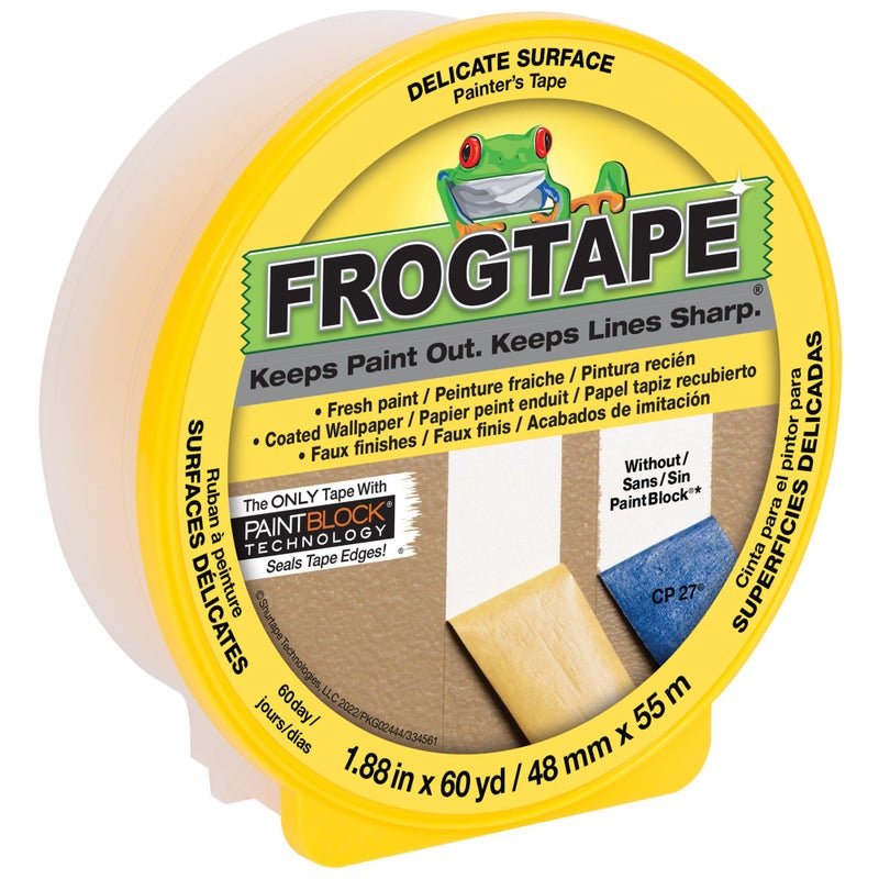 FrogTape Delicate Surface Painters Tape with PAINTBLOCK 2 Inch Wide 188 In x 60 Yds Low Adhesion Ideal for Freshly Painted Walls Trim Surfaces Yellow 12 Rolls 240966