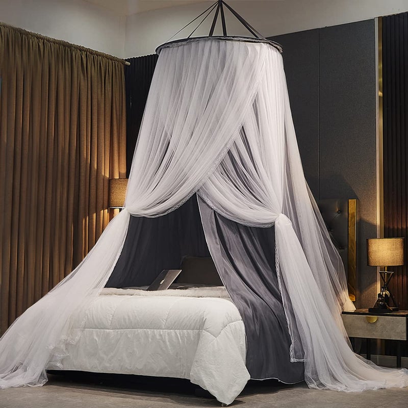 Kertnic Luxurious Bed Canopy for Girls  Adults  Double Layer Princess Canopy with Lace Round Dome Mosquito Netting for QueenKing Bed Tent New Gray