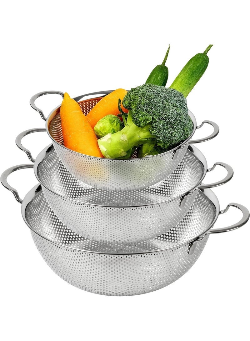 مجموعة مصافي مطبخ من الفولاذ المقاوم للصدأ مكونة من 3 قطع - مصافي مثقبة دقيقة بأحجام 25.5/22.5/19.5 سم لتصفية المعكرونة والخضراوات والفواكه والأرز - مقاومة للصدأ وآمنة للغسل في غسالة الأطباق - Image 1