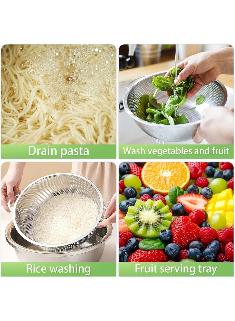 مجموعة مصافي مطبخ من الفولاذ المقاوم للصدأ مكونة من 3 قطع - مصافي مثقبة دقيقة بأحجام 25.5/22.5/19.5 سم لتصفية المعكرونة والخضراوات والفواكه والأرز - مقاومة للصدأ وآمنة للغسل في غسالة الأطباق - Image 4