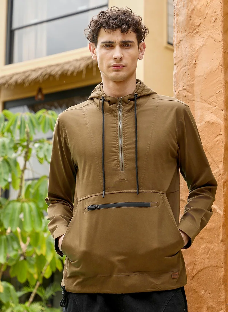 Campus Sutra Men's Utility-Hike Jacket | Hooded Neck , Long Cuffed Sleeves , Half-Zip Closure , Drawstring-Straight Hem | Solid Woven Poplin For Casual & Daily | Olive Brown