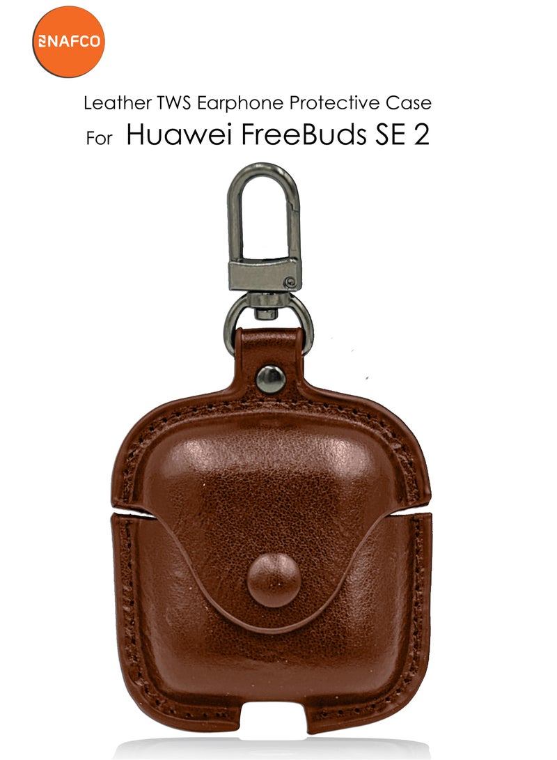NAFCO Leather TWS Earphone Protective Case with  Metal Hook Compatible For Huawei FreeBuds SE 2 - Flexible Non-Slip , Portable , Anti-Lost Hangable Strip , No Fingerprints, Stopper Dustproof - Huawei FreeBuds SE 2 - Brown - Image 1