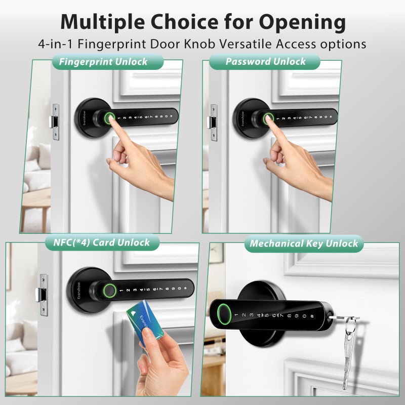Evanshow Fingerprint Door Lock Biometric Door Knob with Keypad Keyless Entry, Door Locks for Bedrooms, Home Hotel Office Apartment Black - Image 2