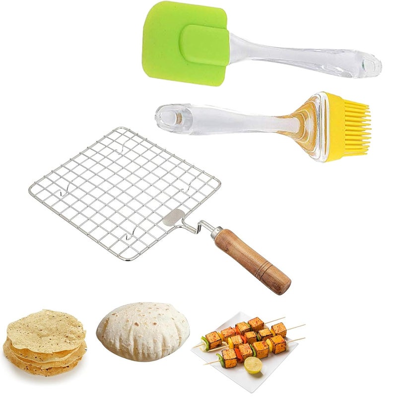 IDEAL PRIME Rust Proof Stainless Steel Square Roti Jali Roaster with Heat Resistance Handle and Silicon Brush Spatula Combo Set Steel Papad Jali Tandoor Grill Barbeque Item Kitchen Tool Pack of 2 - Image 1