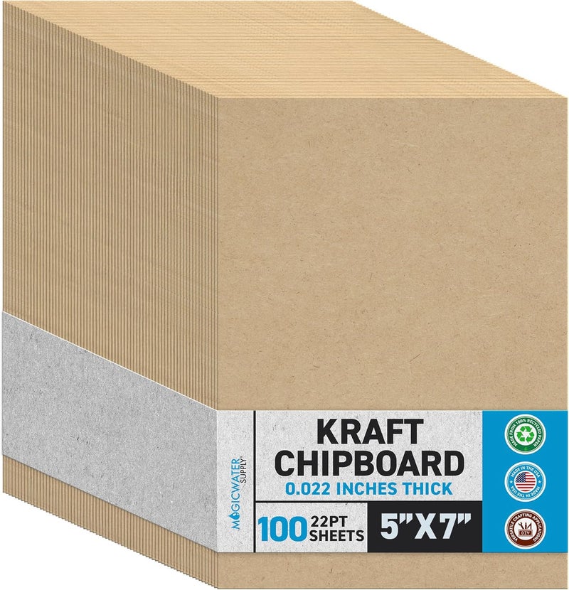 MagicWater Supply MagicWater Chipboard Sheet for DIY Projects - 5x7 Inch - 100 Pack - 22 pt - Heavy Duty Kraft (0.022 Inch Thick) Paperboard, For Scrapbooking, Books, Picture Frame Backing, Arts Project & Crafts - Image 1
