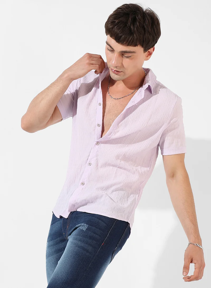 كامبوس سوترا Men's Lavender Textured Regular Fit Casual Shirt