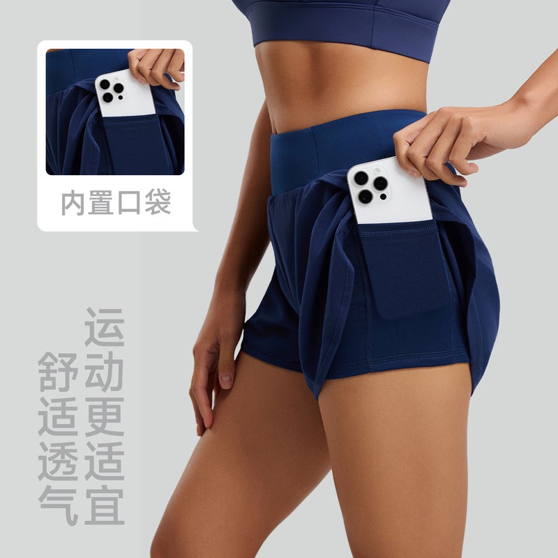 Women's Faux Two-Layer Athletic Shorts with Side Pockets, Breathable Anti-Exposure - Image 3