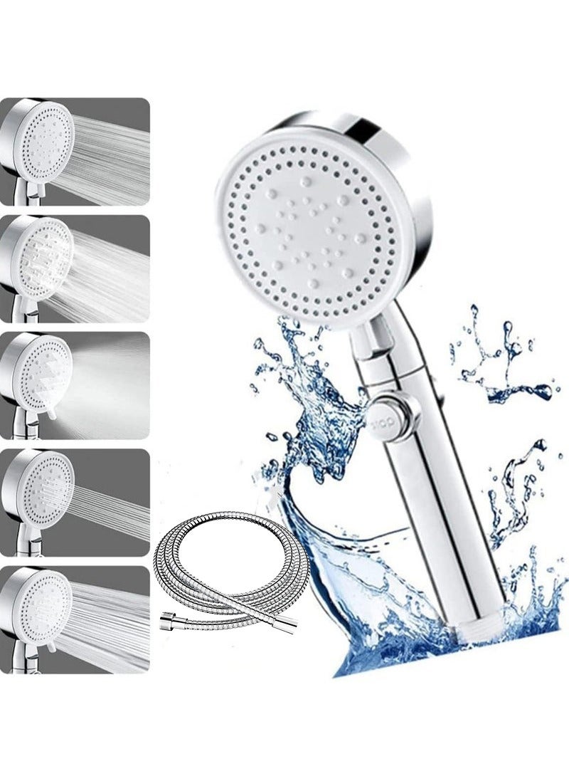 High Pressure Shower Head With 150CM Hose, Water Saving Hand Shower, 5 Jet Types, Handheld, for Bathing and Spa Modern Square Handheld Shower Head Silver - Image 1