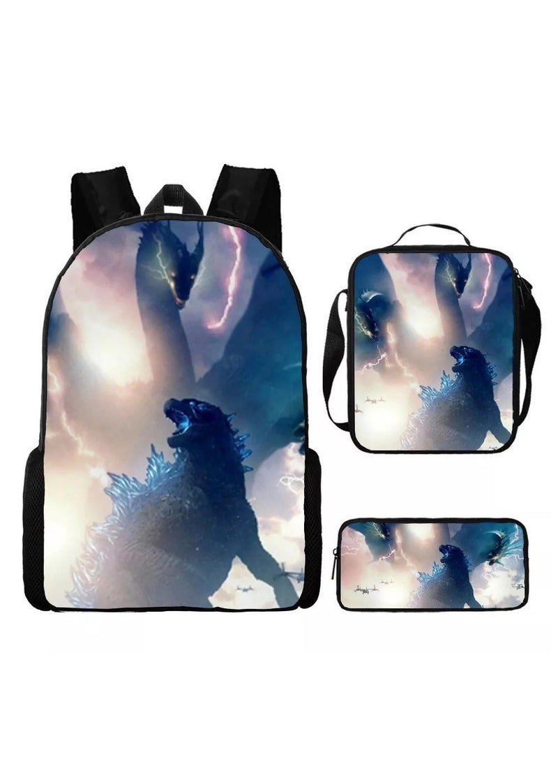 New Godzilla Student Backpack Three-piece Set 29*16*42cm