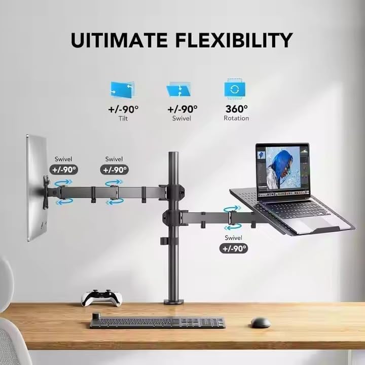 Gadget Wagon Laptop Desk Arm with Clamp and Grommet, Swivel and Tilt Function (Dual Arm with Monitor & Laptop) - Image 2
