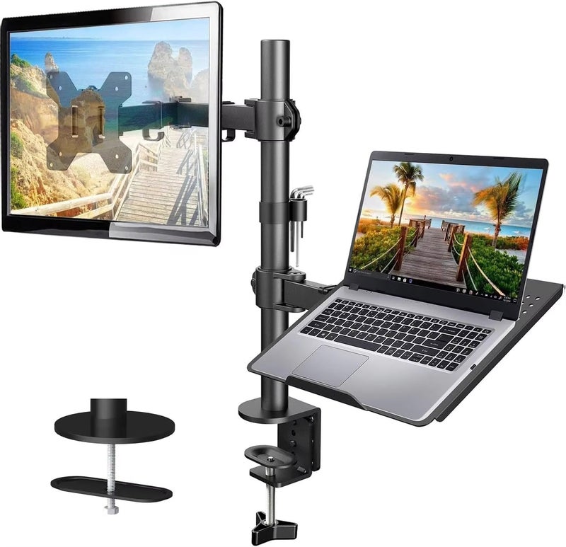 Gadget Wagon Laptop Desk Arm with Clamp and Grommet, Swivel and Tilt Function (Dual Arm with Monitor & Laptop) - Image 1