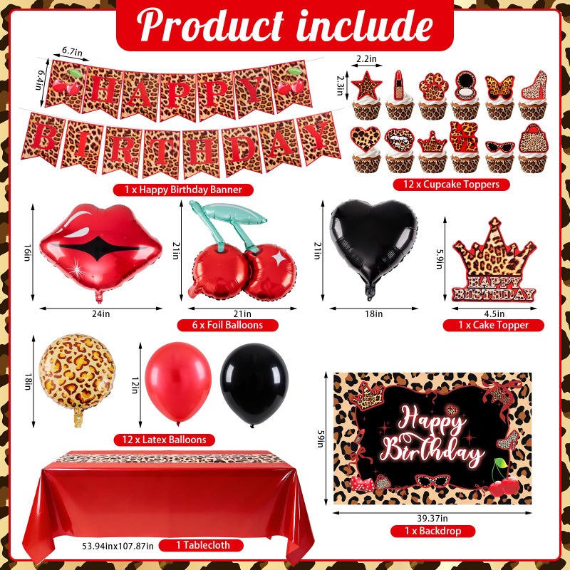 APUDWN Cheetah Print Birthday Decorations Include Leopard Happy Birthday Banner-Cheetah Cherry Backdrop Balloons Cake Topper Cupcake Toppers for Red Leopard Party Decorations - Image 2