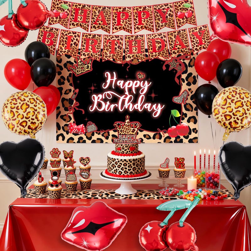 APUDWN Cheetah Print Birthday Decorations Include Leopard Happy Birthday Banner-Cheetah Cherry Backdrop Balloons Cake Topper Cupcake Toppers for Red Leopard Party Decorations - Image 3