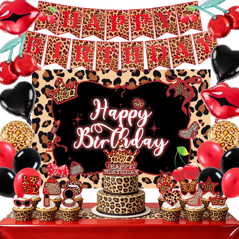 APUDWN Cheetah Print Birthday Decorations Include Leopard Happy Birthday Banner-Cheetah Cherry Backdrop Balloons Cake Topper Cupcake Toppers for Red Leopard Party Decorations - Image 1
