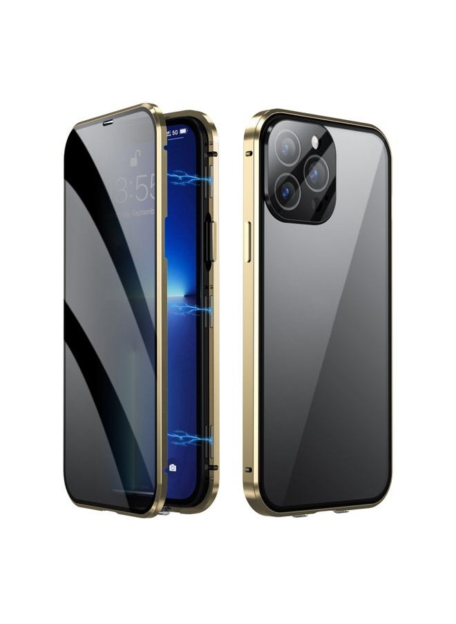 Generic - Case Cover For iPhone 13 Pro Max Dual-Lock Anti-peeping Glass 360 Full Body Frosted Magnetic Phone Case Gold - Image 1