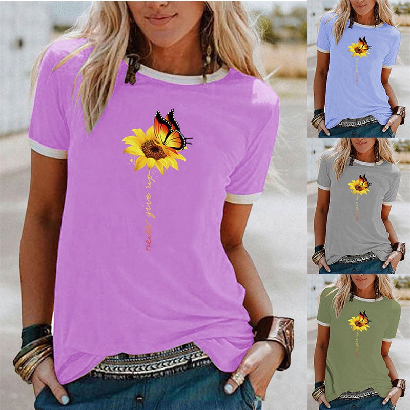 Wish Butterfly Sunflower Pattern Printed Contrast Short Sleeve T-Shirt - Image 2