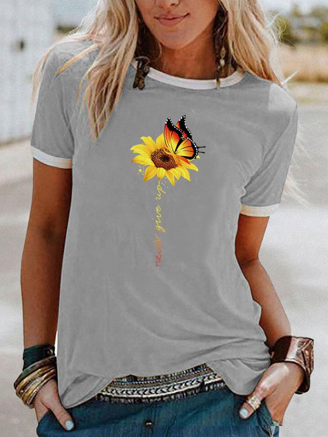 Wish Butterfly Sunflower Pattern Printed Contrast Short Sleeve T-Shirt - Image 1