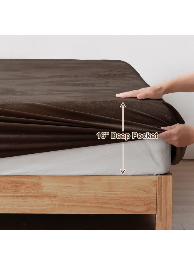 PHF PHF Ultra Soft Velvet Fitted Sheet King Size, 16" Deep Pocket with Wider Stronger Elastic Band, Easy Fit Easy Care, 1 Pack Cozy Comfy Flannel Bottom Sheet for All Seasons, No Pillowcases, Dark Brown  - Image 1