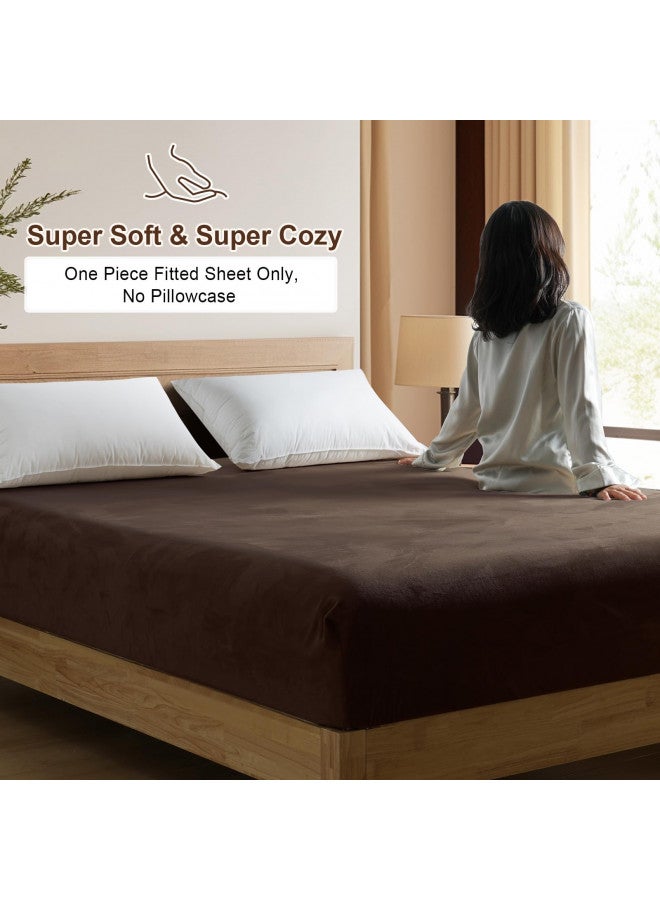 PHF PHF Ultra Soft Velvet Fitted Sheet King Size, 16" Deep Pocket with Wider Stronger Elastic Band, Easy Fit Easy Care, 1 Pack Cozy Comfy Flannel Bottom Sheet for All Seasons, No Pillowcases, Dark Brown  - Image 2