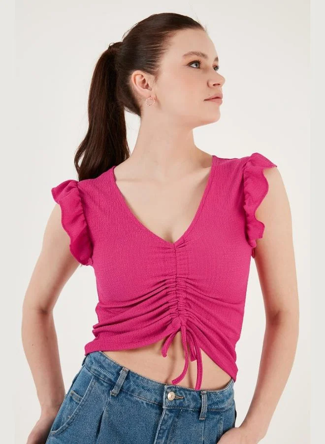 Lela Lela Slim Cut Crop Blouse with Ruffled Sleeves and Gathered Detail Women's Blouse 5865015