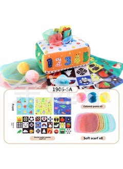 Generic Baby Early Education Cloth Book Tissue Box Ring Paper Square Towel Cognitive Animal English Tear Not To Rip Children's Tissue Toy-Color:1906-5A Digital Towel Box With Pompom 79.8G Volume Weight 350 Grams  - Image 1