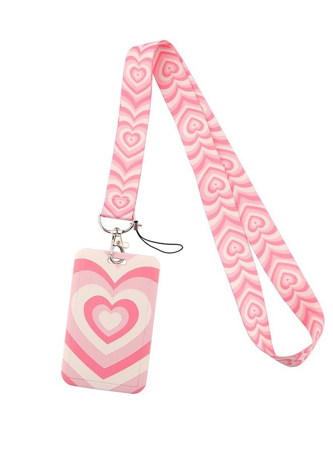 Pink Lanyard for Women with ID Badge Holder Neck Keychain for Keys, Hard Plastic Vertical Card Case with Heart Pattern  - Image 1