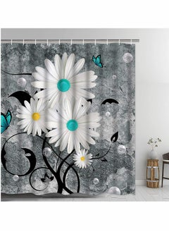 KASTWAVE Shower Curtain, Floral Butterfly White Daisy Shower Curtain for Bathroom Farmhouse Rustic Bathroom Curtain with 12 Hooks, Waterproof Fabric Flower Bathroom Shower Curtains, 72" x 72" (Grey)  - Image 1