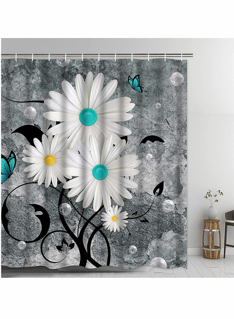 KASTWAVE Shower Curtain, Floral Butterfly White Daisy Shower Curtain for Bathroom Farmhouse Rustic Bathroom Curtain with 12 Hooks, Waterproof Fabric Flower Bathroom Shower Curtains, 72" x 72" (Grey)  - Image 1