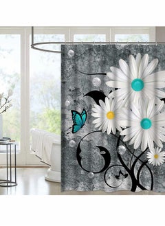 KASTWAVE Shower Curtain, Floral Butterfly White Daisy Shower Curtain for Bathroom Farmhouse Rustic Bathroom Curtain with 12 Hooks, Waterproof Fabric Flower Bathroom Shower Curtains, 72" x 72" (Grey)  - Image 2