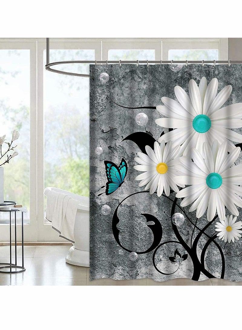 KASTWAVE Shower Curtain, Floral Butterfly White Daisy Shower Curtain for Bathroom Farmhouse Rustic Bathroom Curtain with 12 Hooks, Waterproof Fabric Flower Bathroom Shower Curtains, 72" x 72" (Grey)  - Image 2