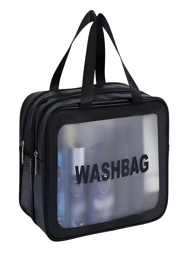 OCEANEVO Pvc Washbag Dual Compartment Makeup Organiser Pouch, Cosmetic Bag, Travel Toiletry Bag for Men and Women - 30 x 20 x 14 Cm - Black - Image 1