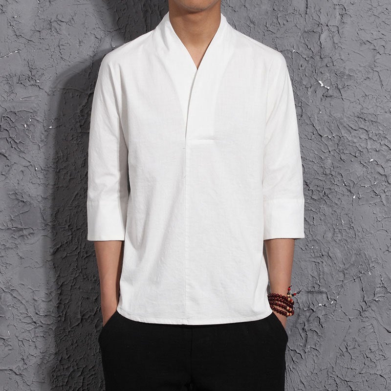 2024 Chinese Style Vintage Cotton And Linen Short-Sleeved V-Neck T-Shirt Summer Seven-Sleeved Men'S Linen Hanfu T-Shirt Fashion Brand Clothes - Image 2