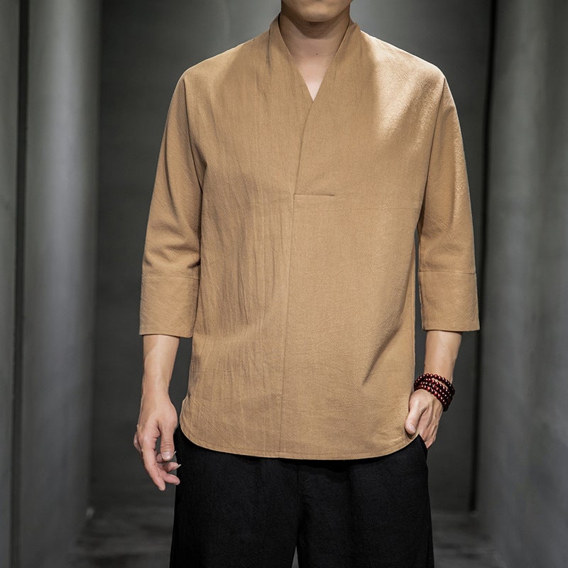 2024 Chinese Style Vintage Cotton And Linen Short-Sleeved V-Neck T-Shirt Summer Seven-Sleeved Men'S Linen Hanfu T-Shirt Fashion Brand Clothes - Image 1
