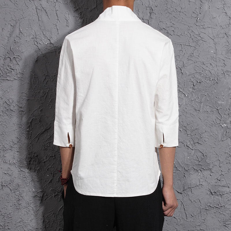 2024 Chinese Style Vintage Cotton And Linen Short-Sleeved V-Neck T-Shirt Summer Seven-Sleeved Men'S Linen Hanfu T-Shirt Fashion Brand Clothes - Image 3
