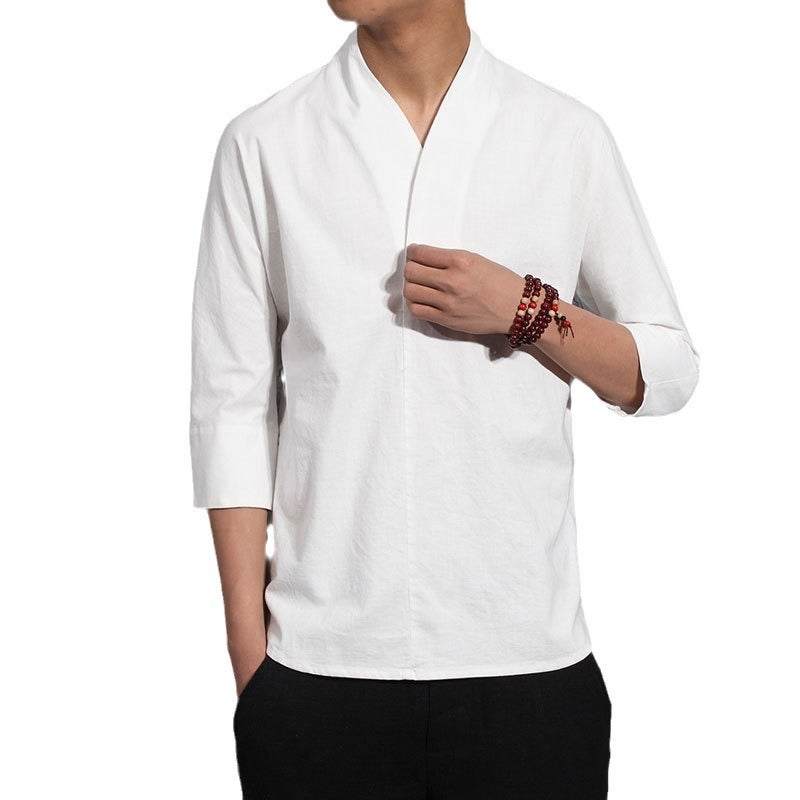2024 Chinese Style Vintage Cotton And Linen Short-Sleeved V-Neck T-Shirt Summer Seven-Sleeved Men'S Linen Hanfu T-Shirt Fashion Brand Clothes - Image 5
