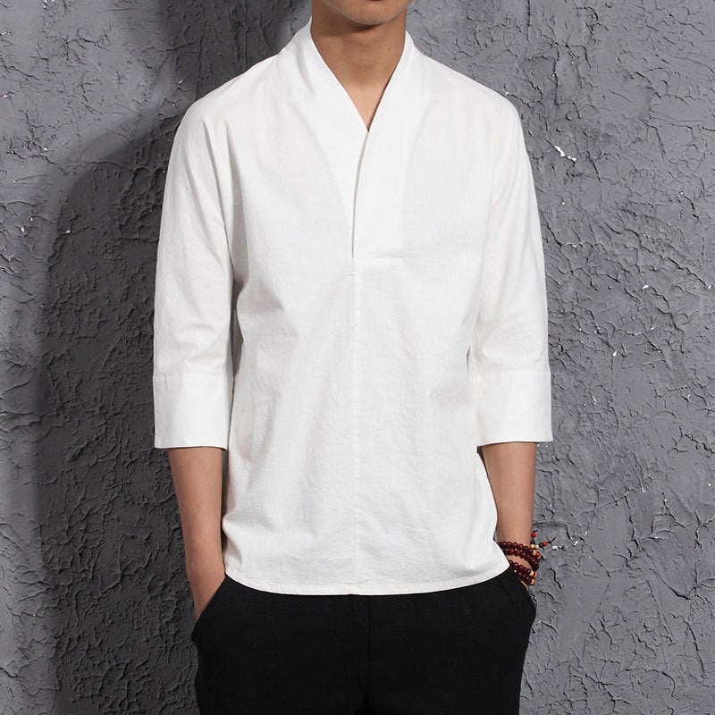 2024 Chinese Style Vintage Cotton And Linen Short-Sleeved V-Neck T-Shirt Summer Seven-Sleeved Men'S Linen Hanfu T-Shirt Fashion Brand Clothes - Image 4