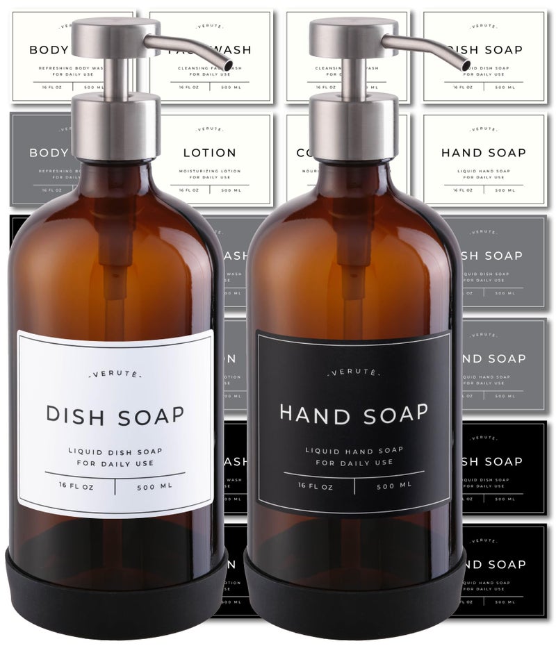 Verute 16oz Glass Soap Dispenser with Stainless Steel Pump 21 Waterproof Labels NonSlip Protective Silicone Pad Set of 2 for Bathroom  Kitchen Amber BottleBrushed Silver Pump