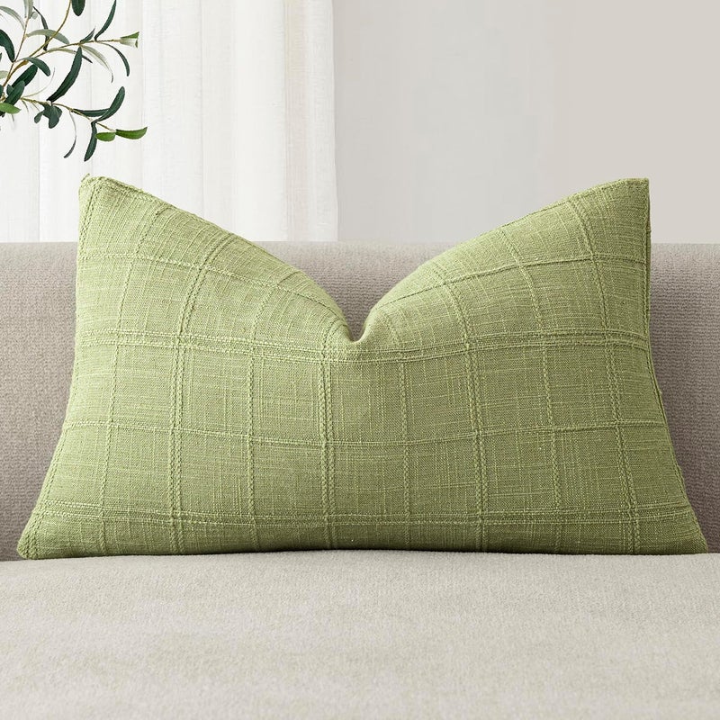 Foindtower Set of 1 Decorative Linen Check Throw Pillow Cover Neutral Farmhouse Lumbar Cushion Cover Modern Boho Accent Home Decor for Sofa Chair Couch Bedroom Living Room,12×20 Inch,Light Green - Image 1