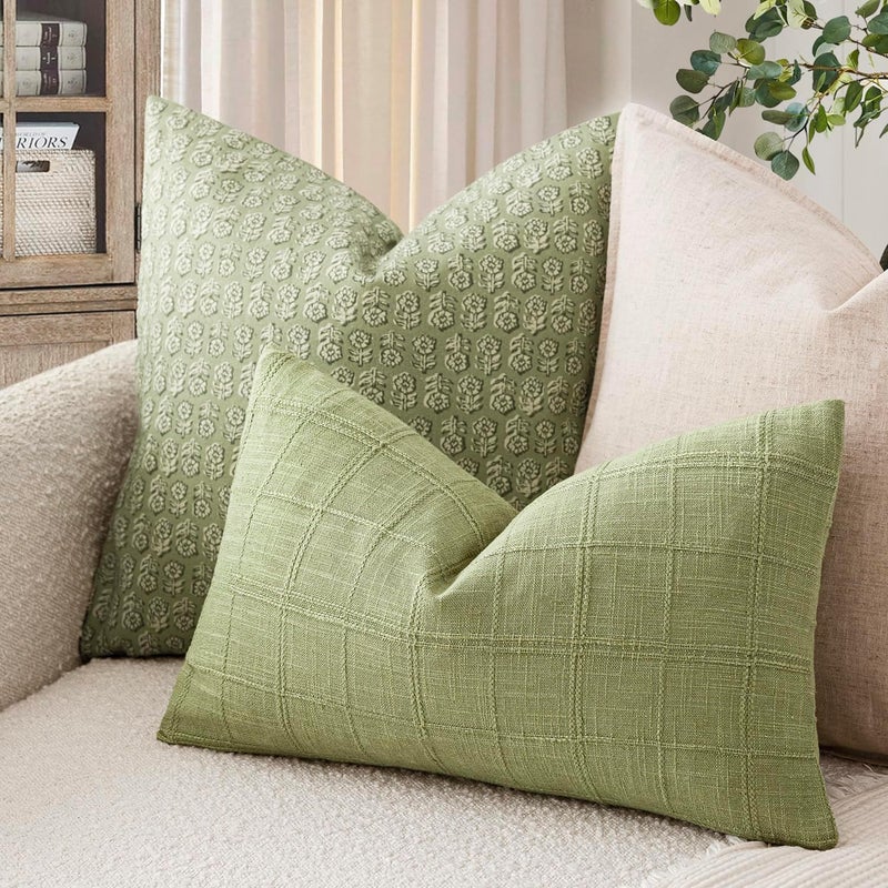 Foindtower Set of 1 Decorative Linen Check Throw Pillow Cover Neutral Farmhouse Lumbar Cushion Cover Modern Boho Accent Home Decor for Sofa Chair Couch Bedroom Living Room,12×20 Inch,Light Green - Image 5