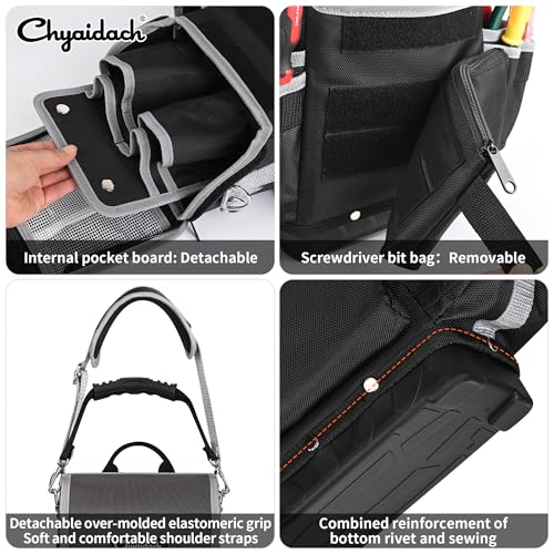 Chyaidach Electrician Tool Bag, 30-Pockets Heavy Duty Tool Pouch with Hard Bottom & Shoulder Strap, Utility Toolbox Storage Organizer for Service Tech HVAC Electrical Plumber - Image 5