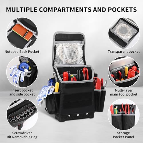 Chyaidach Electrician Tool Bag, 30-Pockets Heavy Duty Tool Pouch with Hard Bottom & Shoulder Strap, Utility Toolbox Storage Organizer for Service Tech HVAC Electrical Plumber - Image 3