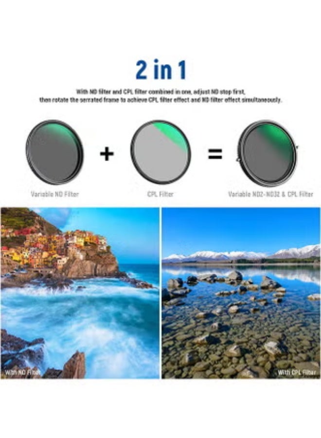 NEEWER 2 in 1 67mm Variable ND Filter ND2–ND32&CPL Filter(Circular Polarizer Filter) No X Cross/30 Layer Nano Coated/HD Optical Glass/Ultra Slim Aluminum Alloy Frame/Water Repellent/Scratch Resistant - Image 2