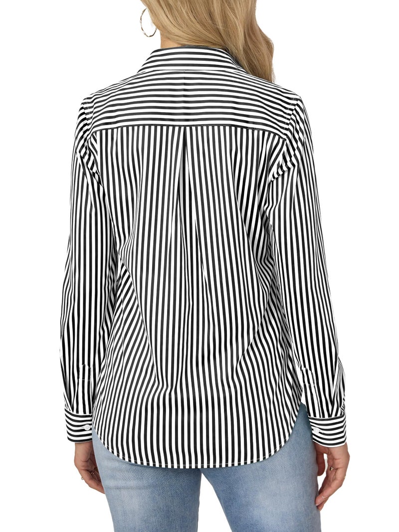 COUXILY Striped Button Down Shirts Business Casual Outfits for Women Dress Long Sleeve Silk Shirt Formal Blouses Collared Office Work Dressy Up Tops Blouse Wrinkle Free Black and White Size M - Image 5