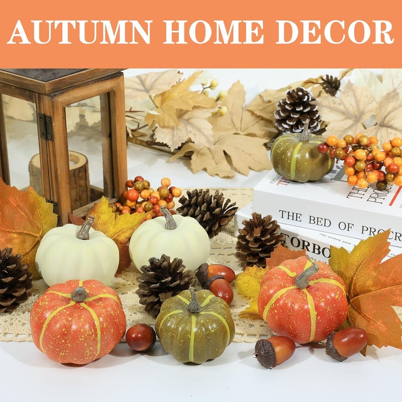 CHEAWRTZ 20 Pcs Realistic Fall Mini Pumpkin Decorations, Pumpkin Decor with Maple Leaves, Pine Cones, Acorns,Thanksgiving Decorations Indoor for Home Farmhouse Harvest Thanksgiving Table Decor - Image 3