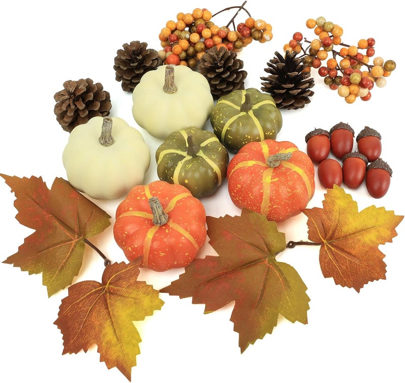 CHEAWRTZ 20 Pcs Realistic Fall Mini Pumpkin Decorations, Pumpkin Decor with Maple Leaves, Pine Cones, Acorns,Thanksgiving Decorations Indoor for Home Farmhouse Harvest Thanksgiving Table Decor - Image 1