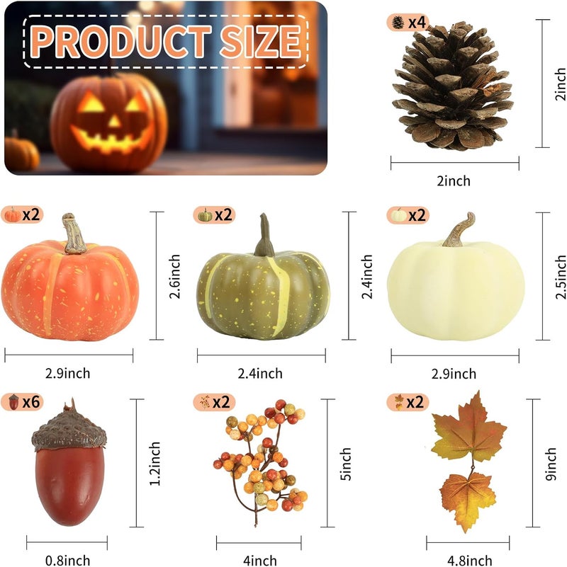 CHEAWRTZ 20 Pcs Realistic Fall Mini Pumpkin Decorations, Pumpkin Decor with Maple Leaves, Pine Cones, Acorns,Thanksgiving Decorations Indoor for Home Farmhouse Harvest Thanksgiving Table Decor - Image 4