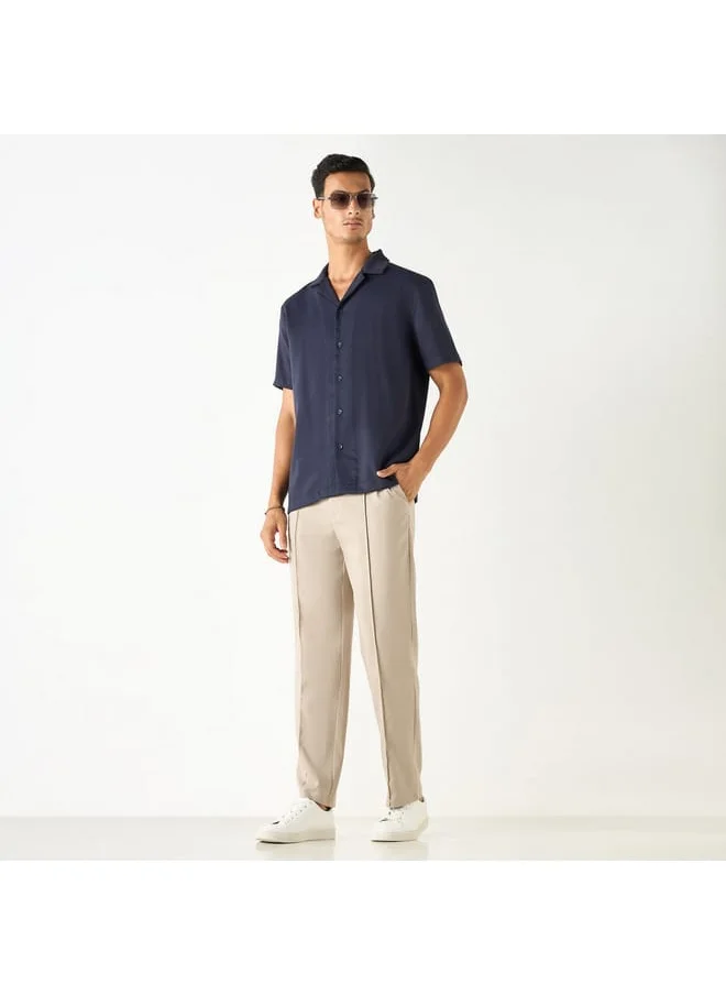 Iconic Iconic Relaxed Fit Textured Shirt with Camp Collar and Short Sleeves