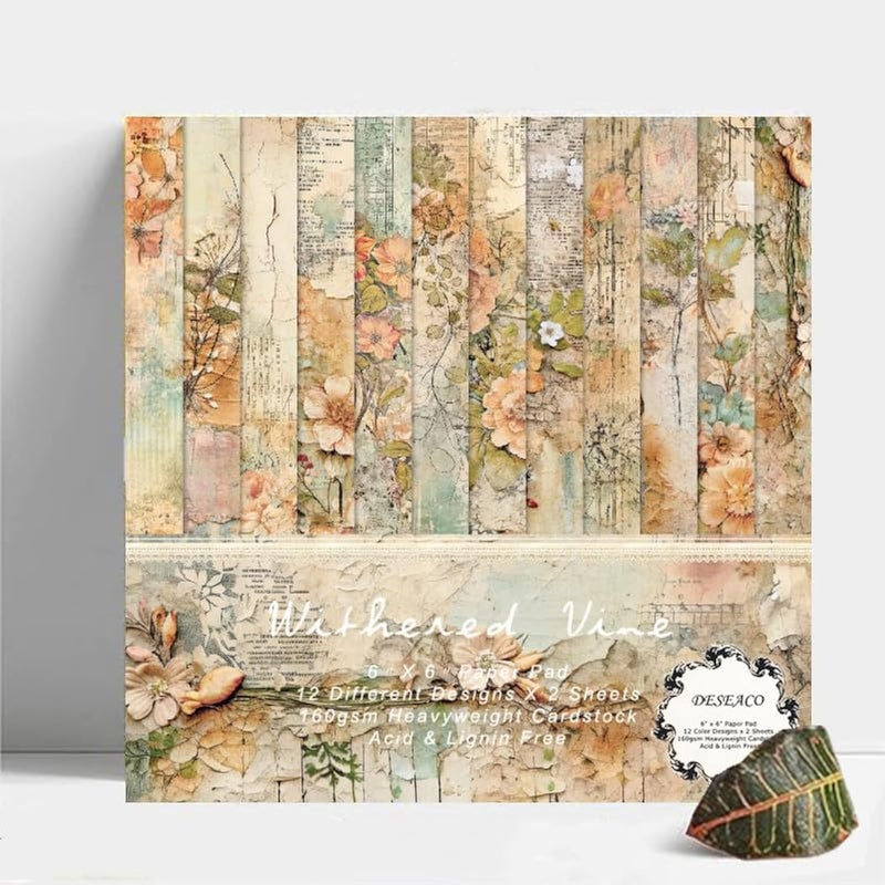 DESEACO 24 Sheets Vintage Floral Scrapbooking Paper Pad 6x6, Decorative Single-Side Craft Paper for Adult Journaling, Card Making, Collage & DIY Scrapbook Projects - Image 1