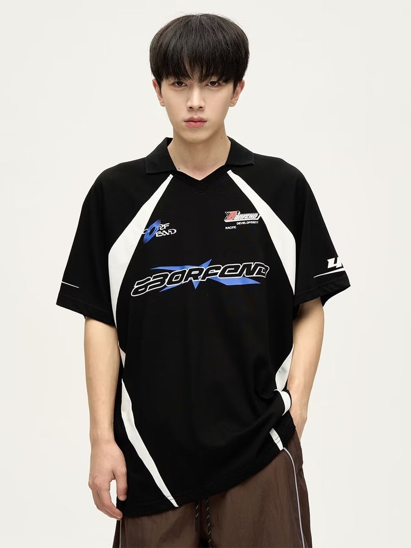 Generic American Street Motorcycle Short-sleeved Polo Shirt for Boys Summer vintage Trendy T-shirt Trendy Brand Five-sleeved Racing Suit Black